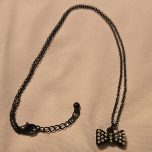 Black Bow Necklace with Pearl Like Accents